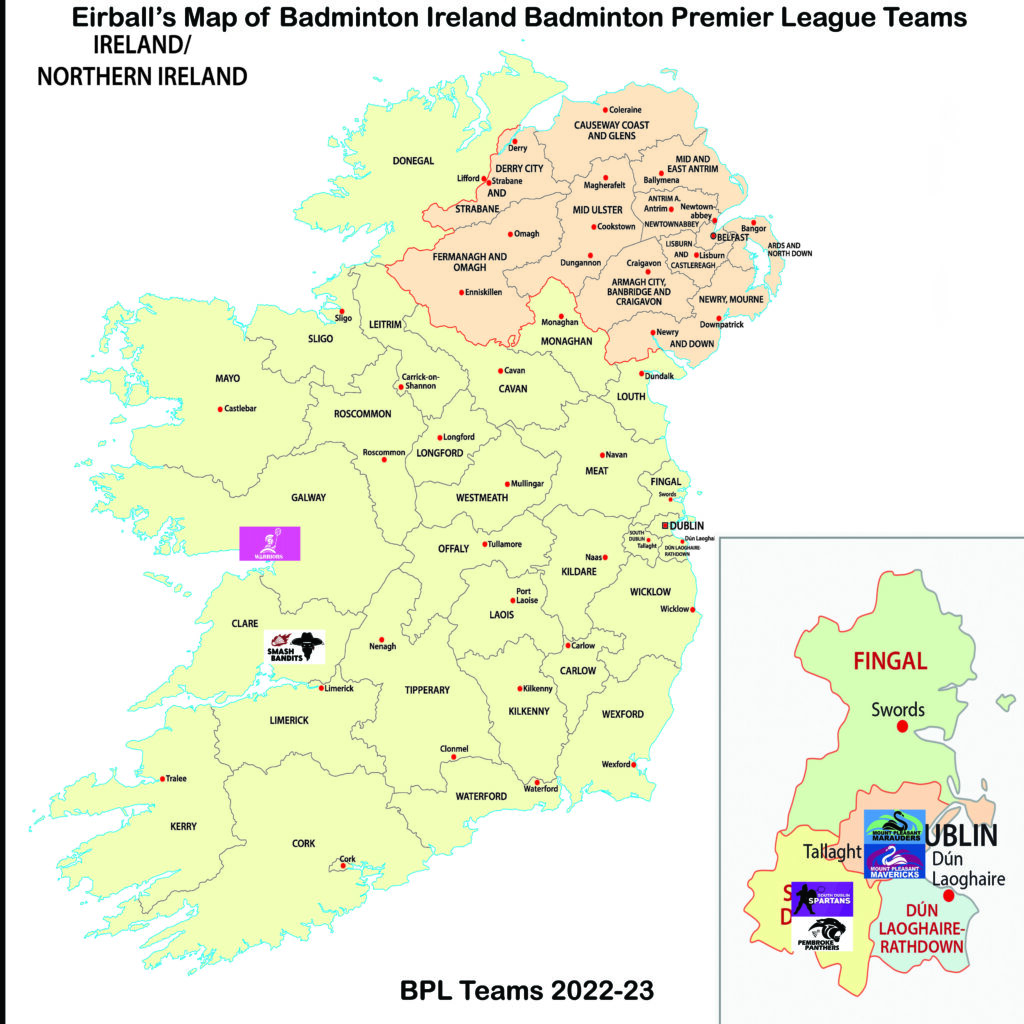 Map of Ireland showing Badminton Premier League Teams 2022-23